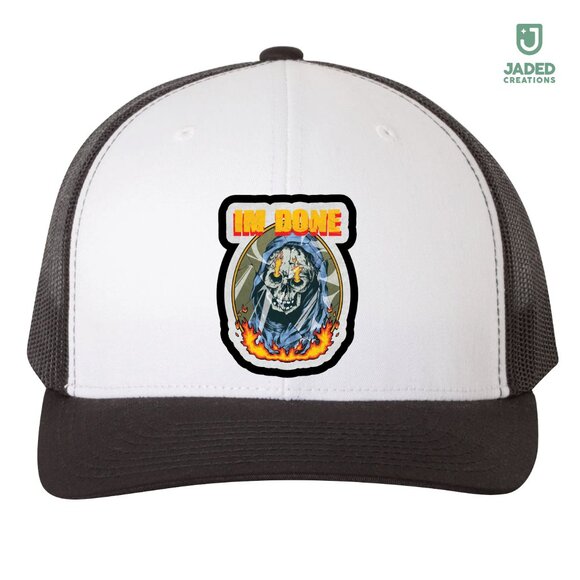 NEW IM DONE Skeleton Grim Reaper Printed Leatherette Patch Trucker Hat - Picture 1 of 4